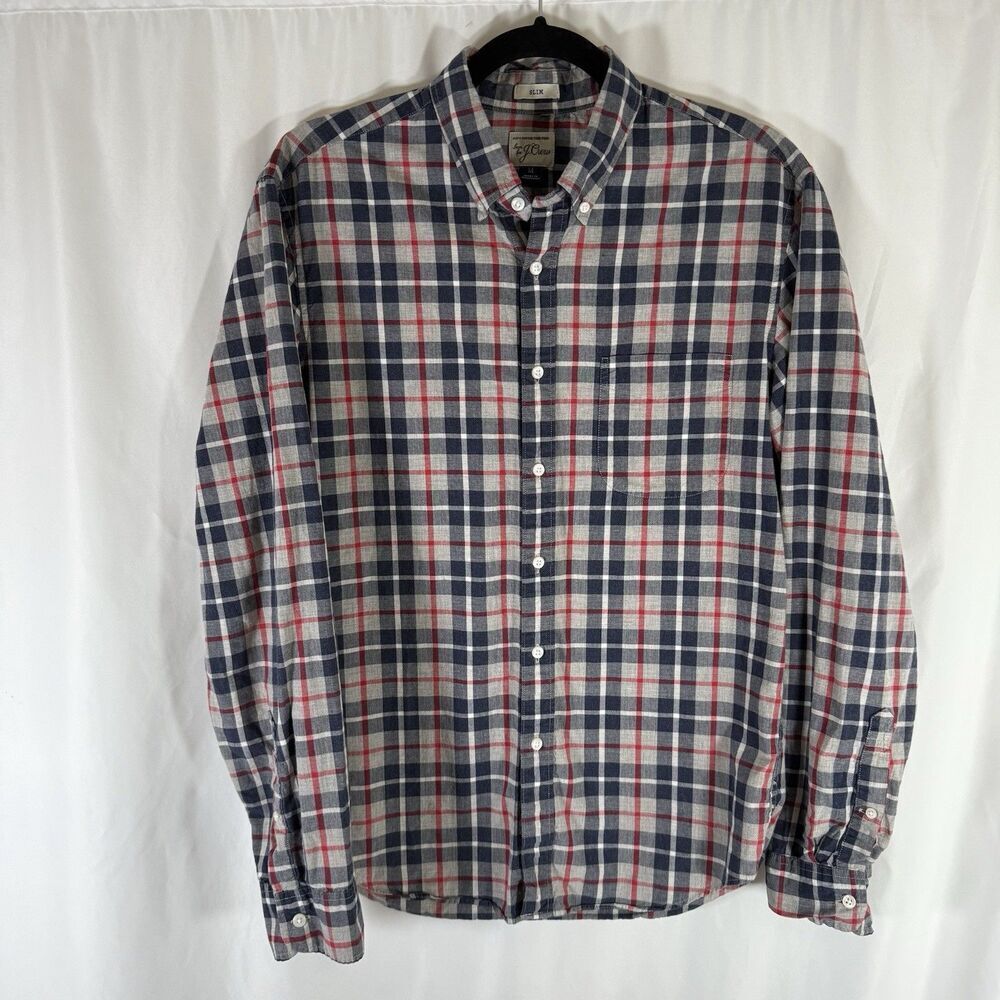 J Crew Button Up Shirt Men's Medium Blue Red Plaid Slim Fit Pocket Long Sleeve